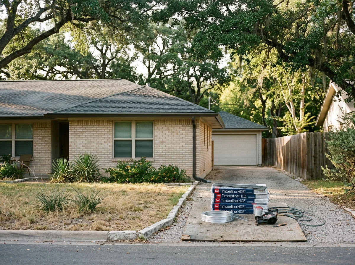 Exterior view of a residential roof with shingles and gutters, showing typical tools and materials used on a roofing job.