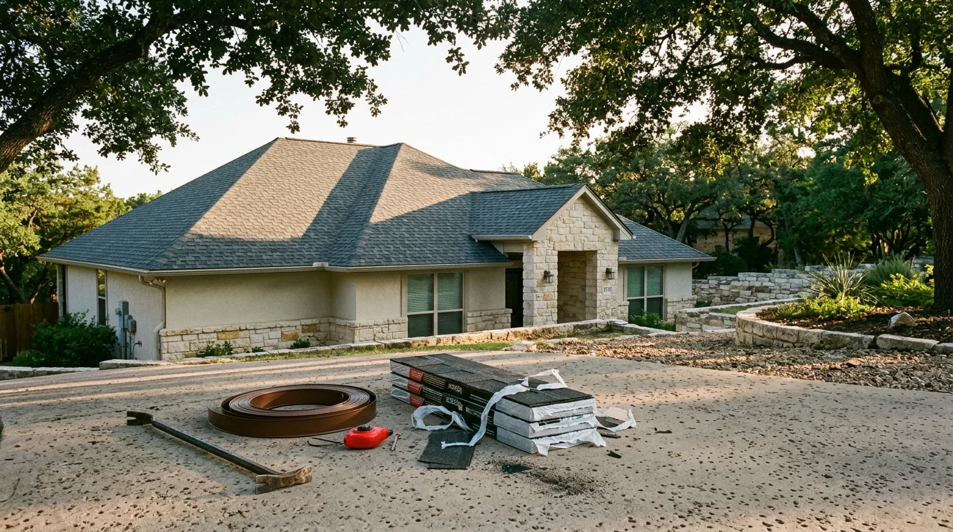 White background illustration of a residential roof silhouette with the Austex Roofing company name in front