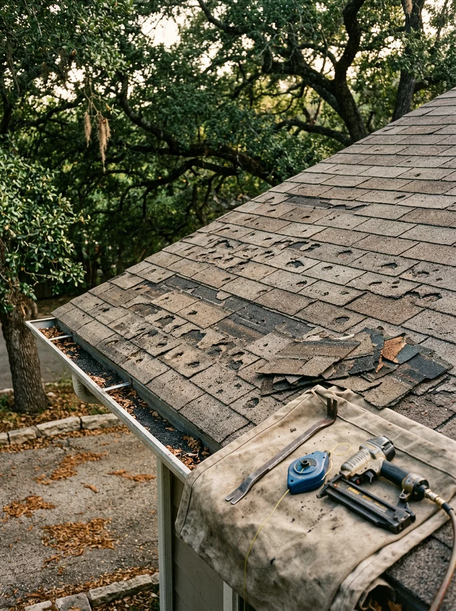 Close-up portrait of hail impact damage on an asphalt shingle roof in Austin, TX, showing granule loss and bruised shingle mats consistent with Central Texas storm damage.