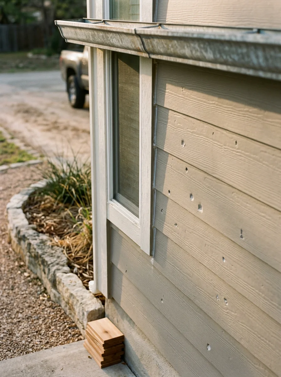 Close-up portrait of hail-damaged fiber cement siding on a Cedar Park home, showing impact craters and chipped paint consistent with a Central Texas spring hail event.