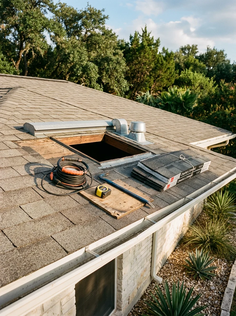 Close-up portrait of a Georgetown roofing contractor inspecting attic ventilation on a single-story Sun City home, with a low-pitch roofline and mature trees visible in the background.