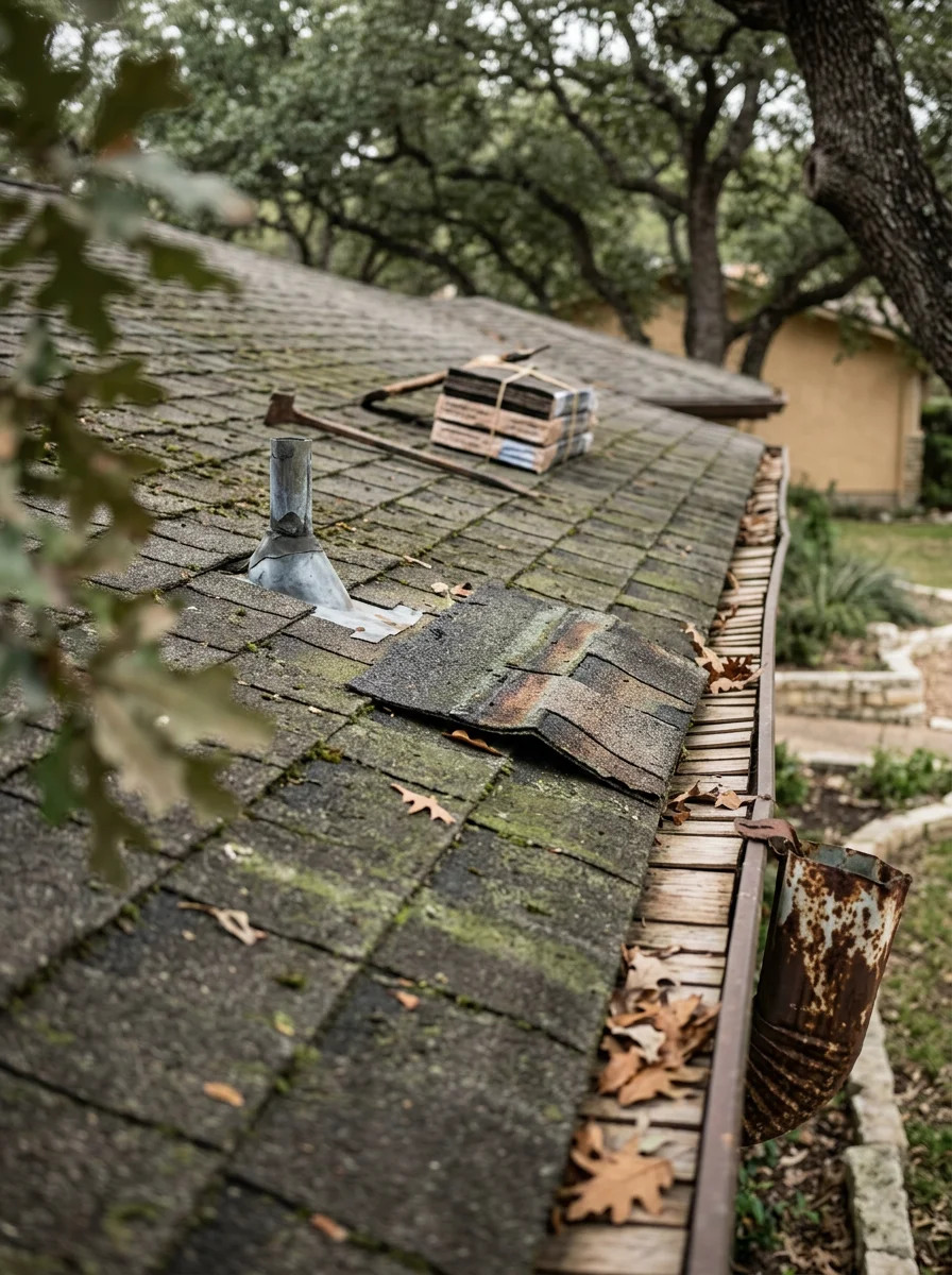Close-up portrait of moss and algae growth on a north-facing shingle slope in Northwest Hills, Austin, with granule loss and shingle curling visible on a roof estimated to be from the early 1980s.