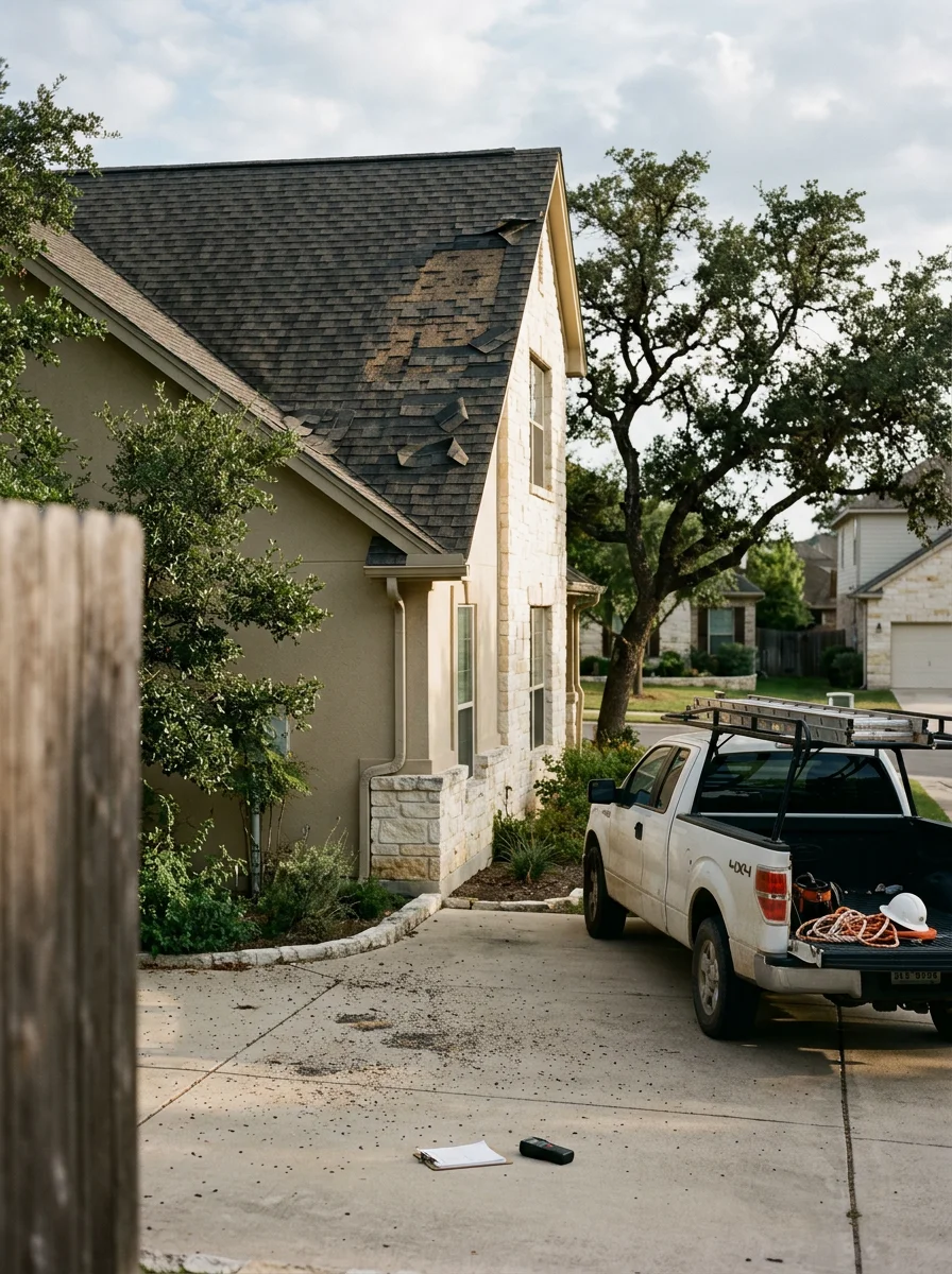 Close-up portrait of a Round Rock roofing contractor performing a post-storm inspection on a two-story home, photographing granule loss and lifted shingle edges for an insurance claim report.