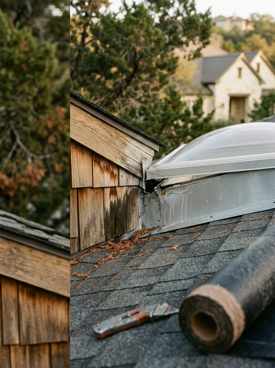 Close-up portrait of a skylight on a Westlake Hills custom home showing separated curb flashing and water staining at the joint, with cedar tree branches visible in the background.