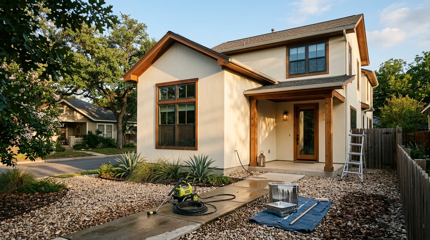 Freshly painted single-story home exterior in the Austin, Texas area showing clean siding, painted trim, and a smooth finish coat on fiber cement panels. The home sits in a residential neighborhood typical of communities like Cedar Park or Round Rock.