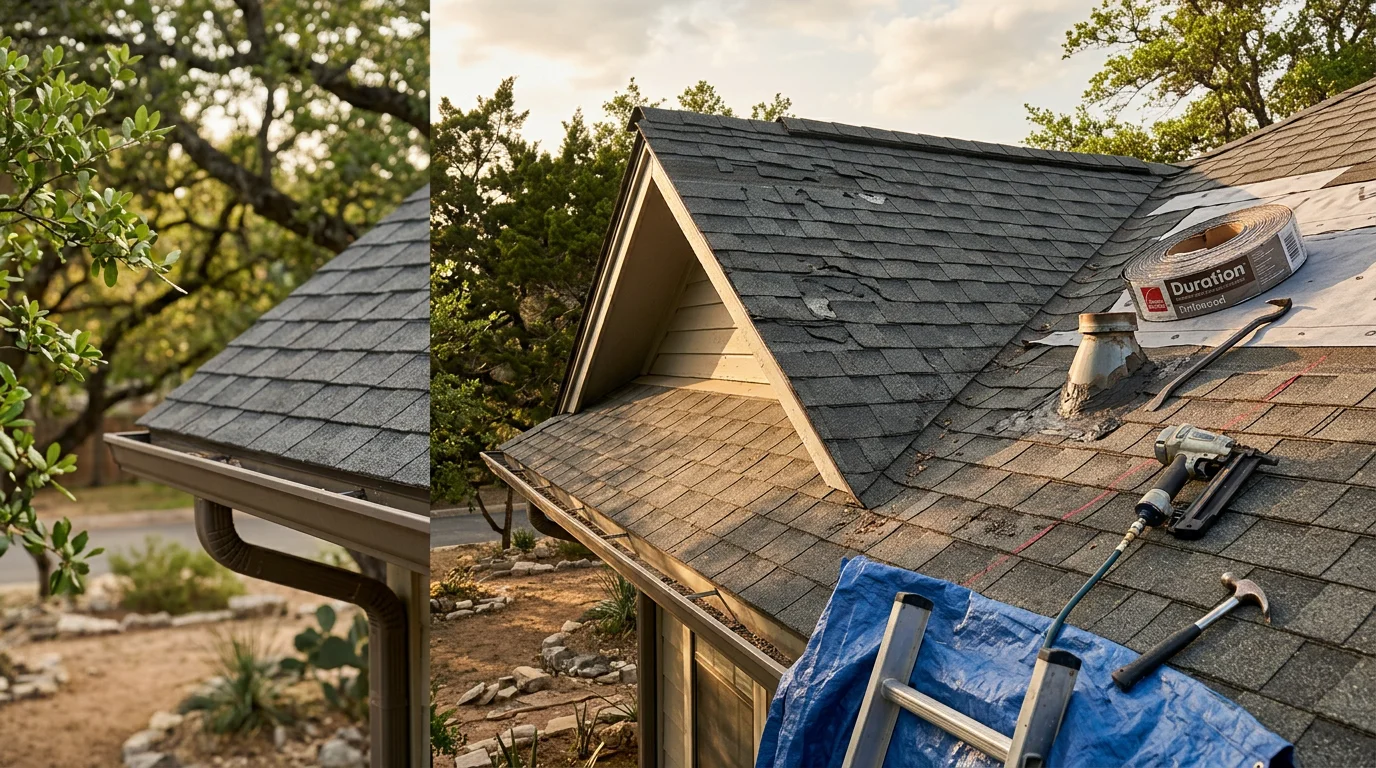 A roofing contractor assessing shingle and flashing damage on a residential roof in Austin, Texas. Close-up view shows lifted shingle edges and granule loss consistent with Central Texas weather wear.