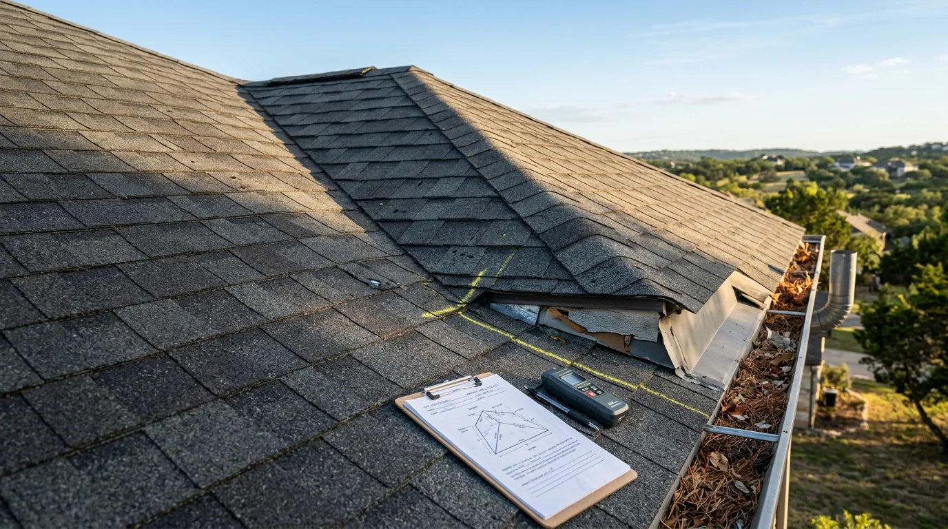 Austex Roofing contractor inspecting asphalt shingles on a residential roof in Austin, Texas, checking for hail damage and granule loss. Close-up view of shingle surface condition assessment on a Central Texas home.