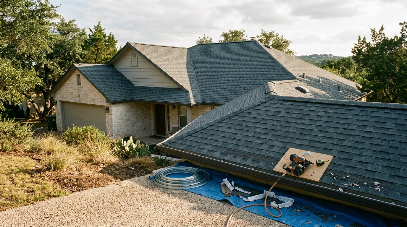 A completed residential roof installation on a single-story home in Austin, Texas, showing new architectural shingles with clean ridge lines and properly finished flashing around a chimney. The surrounding neighborhood reflects the mix of ranch-style and contemporary homes common across Travis County.