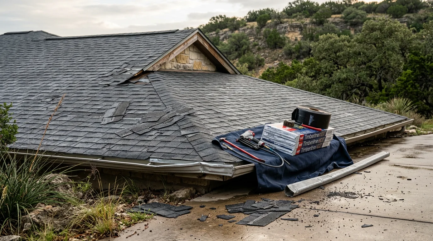 A residential roof in Austin, Texas showing storm-damaged asphalt shingles with missing granules and lifted edges after a hail and wind event. A roofing contractor inspects the damage from the roof surface in a Central Texas neighborhood.