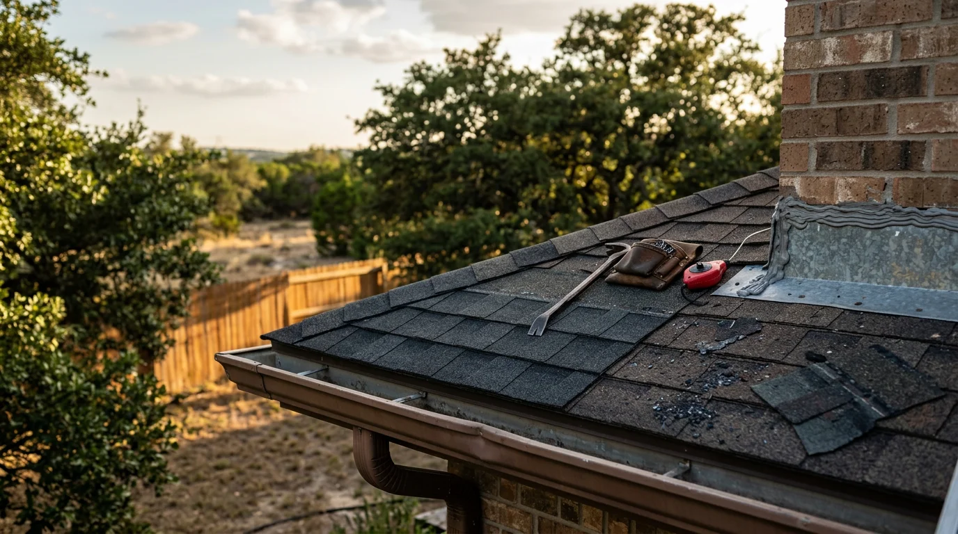 A residential roof in Austin, Texas showing completed shingle and flashing repairs on a sun-exposed slope. Close-up view of patched field shingles and sealed flashing around a roof penetration in a Central Texas neighborhood.
