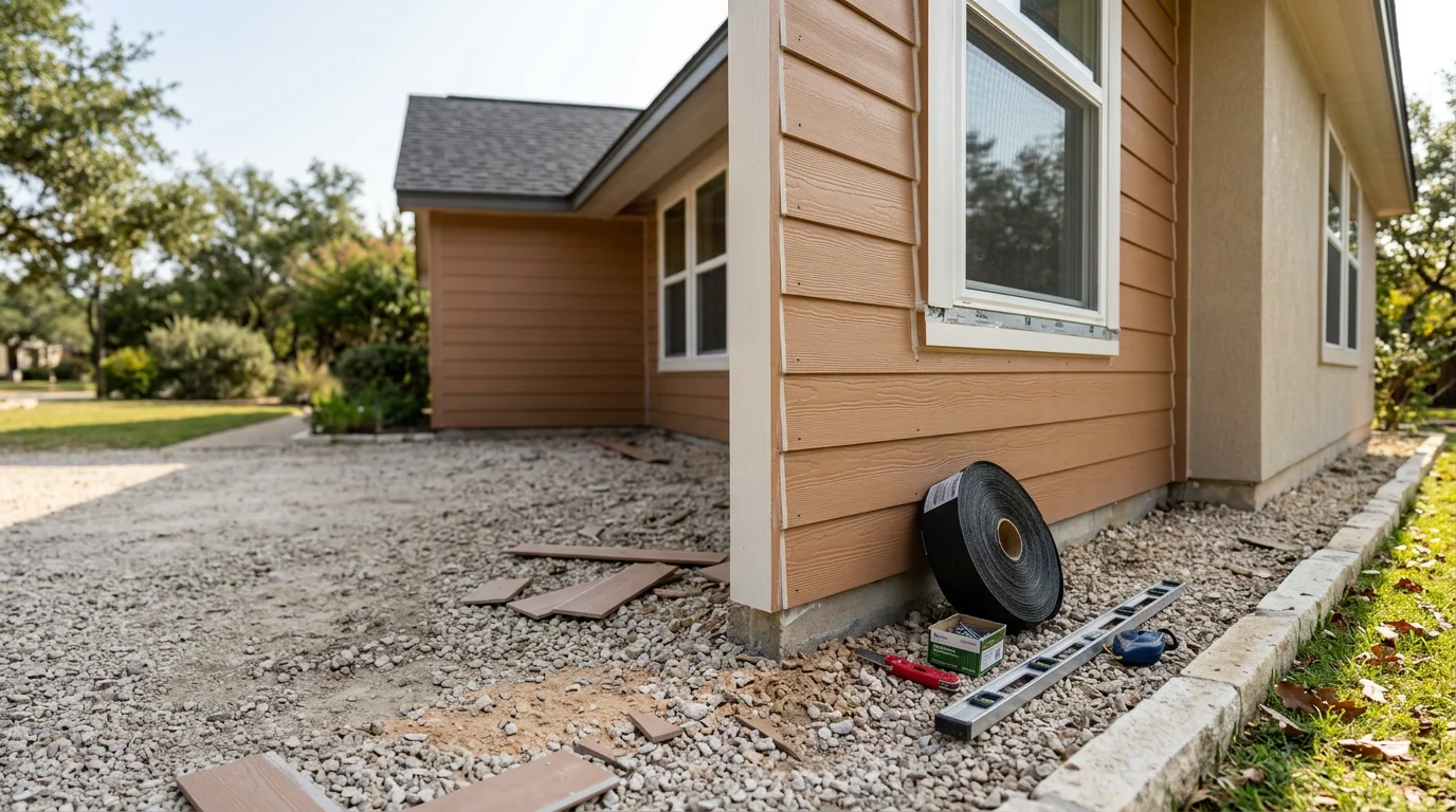 Newly installed siding on a single-family home in Austin, Texas, showing clean panel lines, finished trim around windows, and a freshly sealed exterior. The home sits in a Central Texas residential neighborhood with mature trees visible in the background.