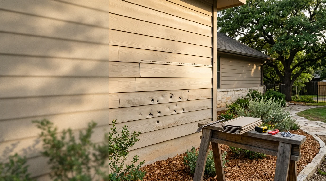 A contractor replacing a cracked vinyl siding panel on a single-story home in Austin, Texas. The repaired section blends with the surrounding lap siding on the sun-facing wall of the house.